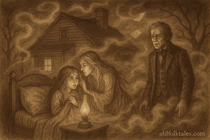 An illustration of a ghostly woman haunting a Tennessee farmhouse, inspired by the Bell Witch legend.