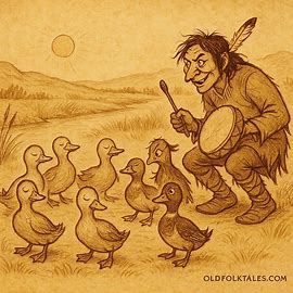 Parchment-style illustration of Iktomi tricking dancing ducks by a river, Lakota folktale scene.