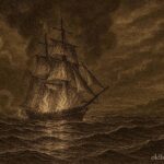 An illustration of the burning ghost ship Palatine appearing off Block Island on Christmas Eve.