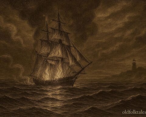 An illustration of the burning ghost ship Palatine appearing off Block Island on Christmas Eve.
