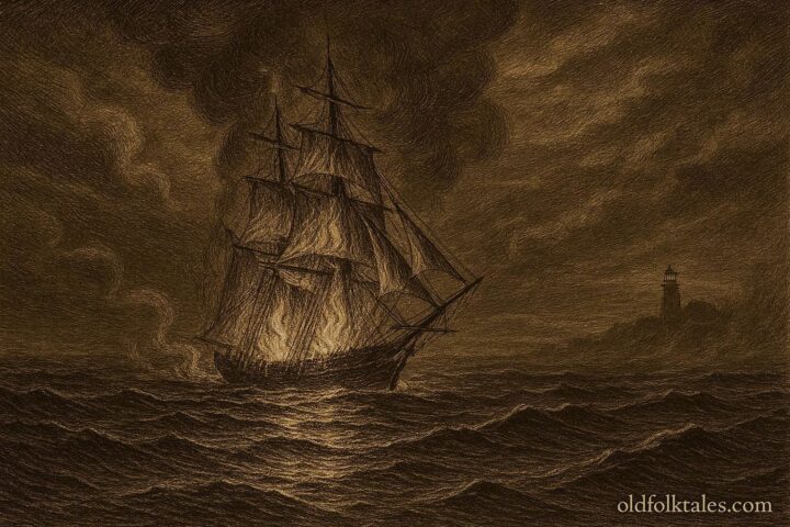 An illustration of the burning ghost ship Palatine appearing off Block Island on Christmas Eve.