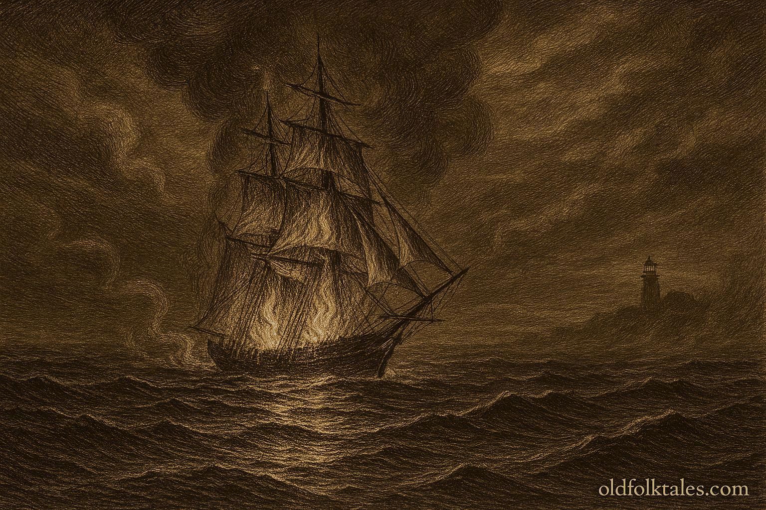 An illustration of the burning ghost ship Palatine appearing off Block Island on Christmas Eve.
