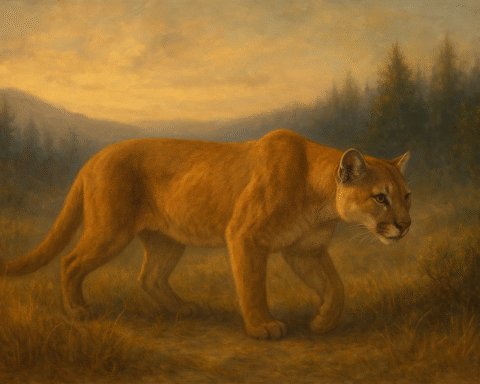 A realistic painting of a cougar walking silently through golden grass at sunset, with misty pine-covered mountains in the background.