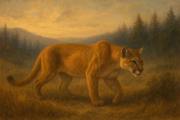 A realistic painting of a cougar walking silently through golden grass at sunset, with misty pine-covered mountains in the background.