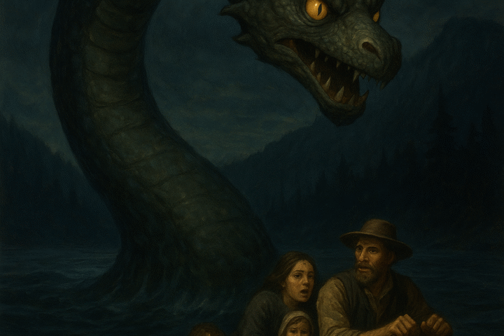 A massive serpent-like creature, Ogopogo, rises menacingly from dark waters behind a small wooden rowboat carrying a terrified family under a stormy night sky, its glowing yellow eyes and sharp teeth reflecting the eerie power of the legendary lake demon.