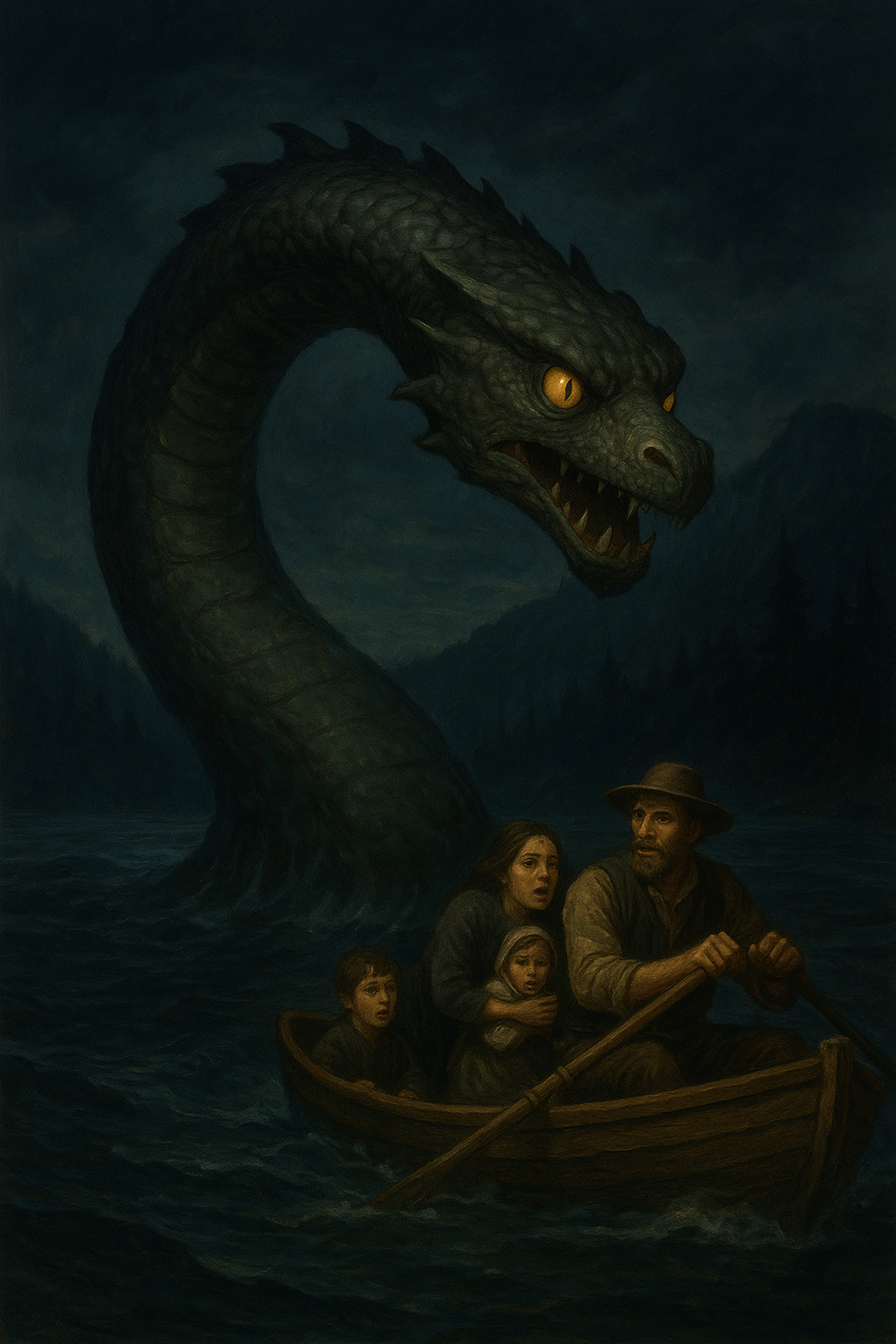 A massive serpent-like creature, Ogopogo, rises menacingly from dark waters behind a small wooden rowboat carrying a terrified family under a stormy night sky, its glowing yellow eyes and sharp teeth reflecting the eerie power of the legendary lake demon.