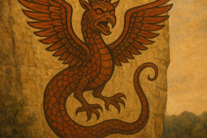 A vivid mural of the mythological Piasa Bird painted on a limestone cliff above the Mississippi River, depicting a red, scaly, winged creature with antlers, a serpent-like tail, and a fierce human-like face against the warm tones of the rock and evening sky.