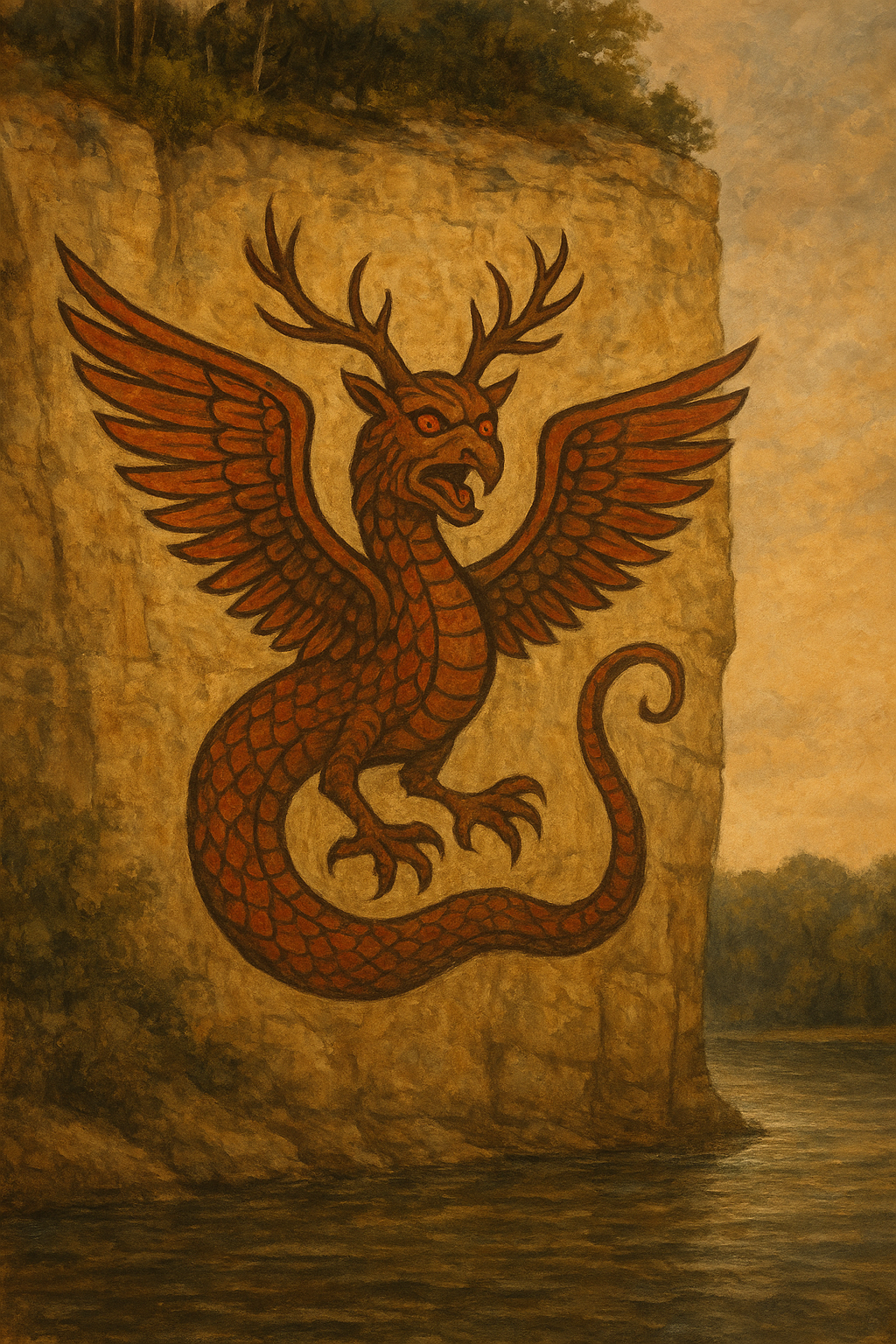 A vivid mural of the mythological Piasa Bird painted on a limestone cliff above the Mississippi River, depicting a red, scaly, winged creature with antlers, a serpent-like tail, and a fierce human-like face against the warm tones of the rock and evening sky.