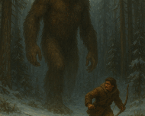 Parchment-style illustration of the Mothman with glowing red eyes hovering above the Silver Bridge in Point Pleasant, West Virginia.