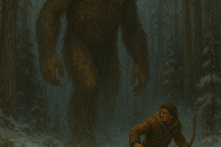 Parchment-style illustration of the Mothman with glowing red eyes hovering above the Silver Bridge in Point Pleasant, West Virginia.