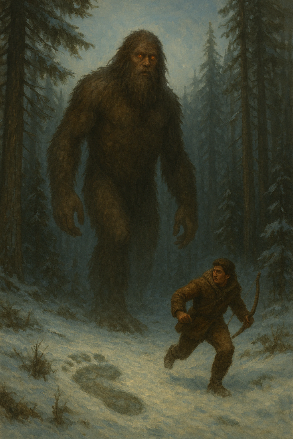 Parchment-style illustration of the Mothman with glowing red eyes hovering above the Silver Bridge in Point Pleasant, West Virginia.