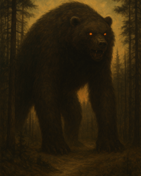 A towering, bear-like creature with massive stiff legs, glowing ember eyes, and dark, matted fur emerges from a foggy forest, crushing trees underfoot as moonlight filters through the dense canopy.