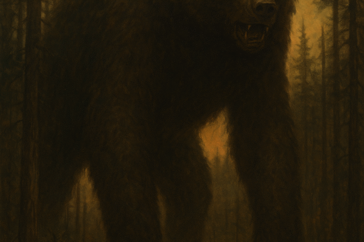 A towering, bear-like creature with massive stiff legs, glowing ember eyes, and dark, matted fur emerges from a foggy forest, crushing trees underfoot as moonlight filters through the dense canopy.