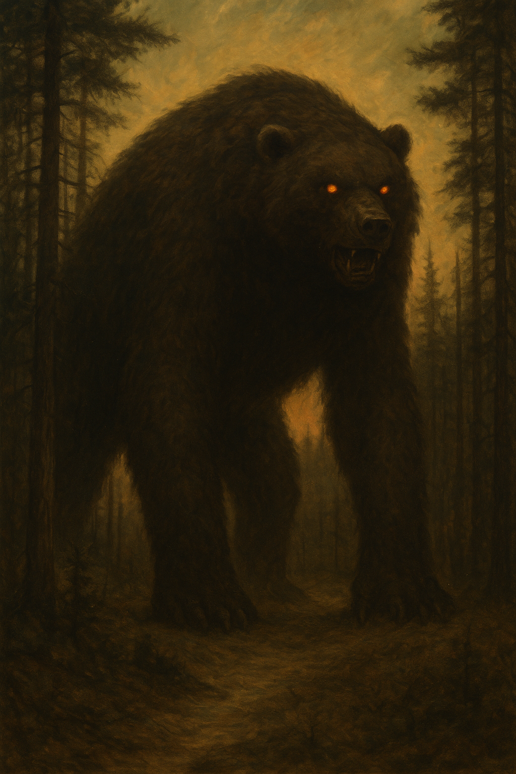 A towering, bear-like creature with massive stiff legs, glowing ember eyes, and dark, matted fur emerges from a foggy forest, crushing trees underfoot as moonlight filters through the dense canopy.