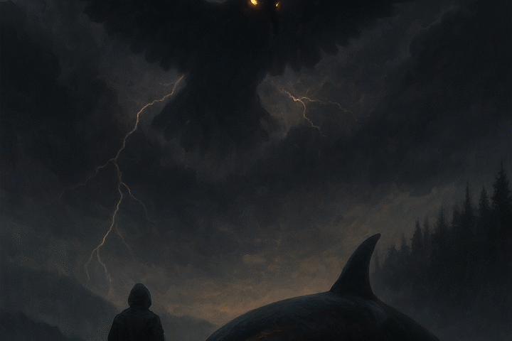 A dramatic digital painting of the Thunderbird flying through a storm over the Pacific coast, lightning flashing across dark clouds and waves below, with “oldfolktales.com” subtly written at the bottom.