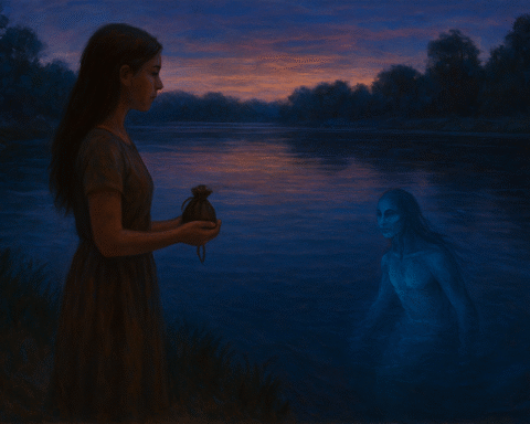 A semi-realistic painting inspired by Algonquin legend, showing a young woman standing quietly by a twilight river.