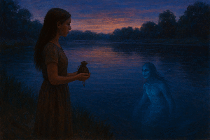 A semi-realistic painting inspired by Algonquin legend, showing a young woman standing quietly by a twilight river.