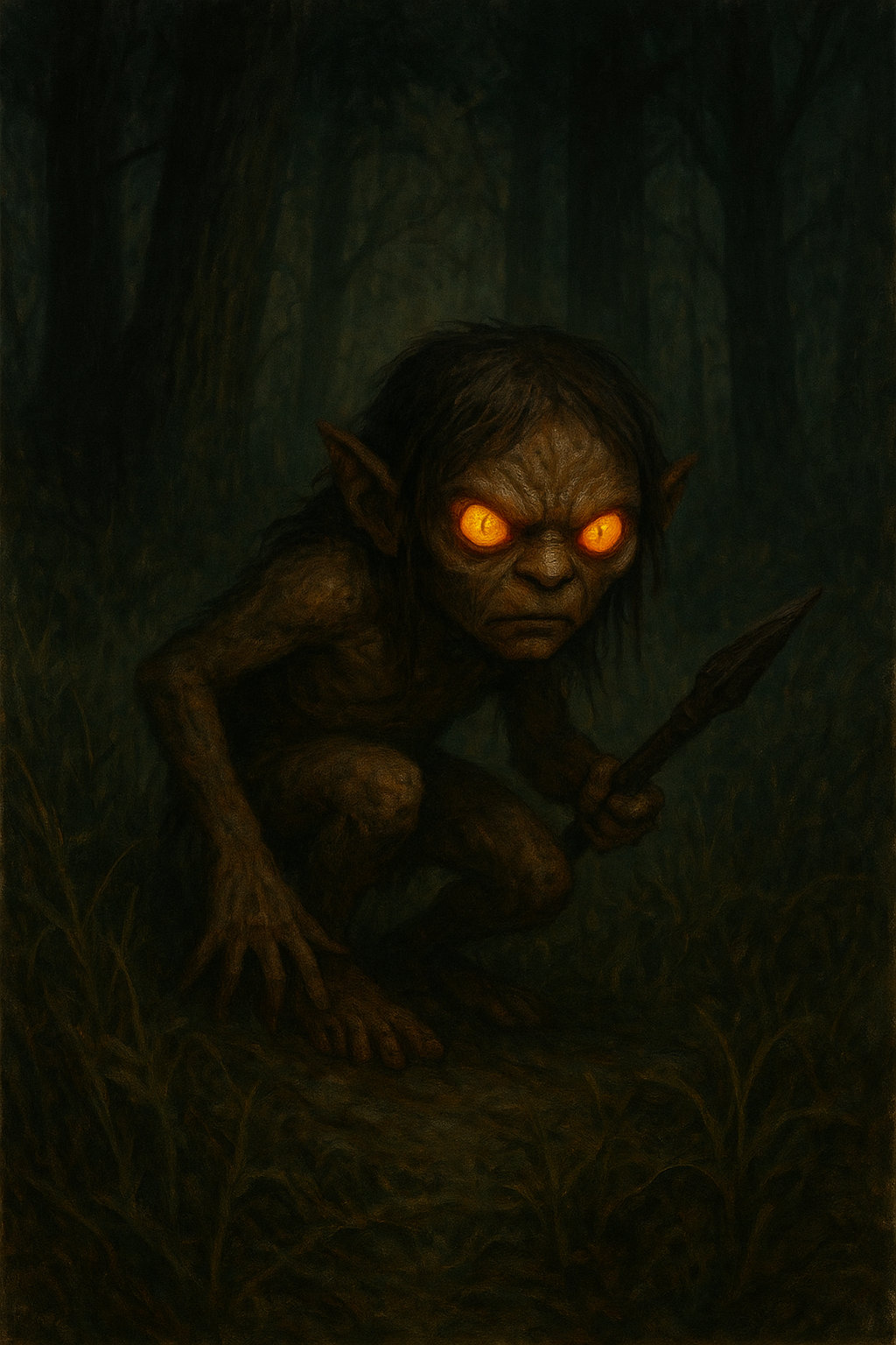 A small, humanoid creature with rough, earthen skin and glowing amber eyes crouches in a dark forest, gripping a primitive spear, surrounded by tall grass and shadowy trees under dim, moody light.
