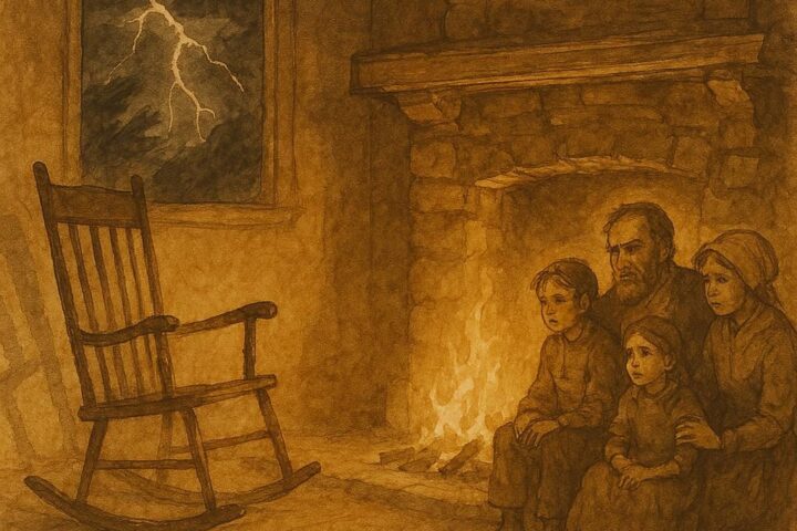 Parchment-style artwork of an empty rocking chair moving beside a fire, Midwestern American folktale.