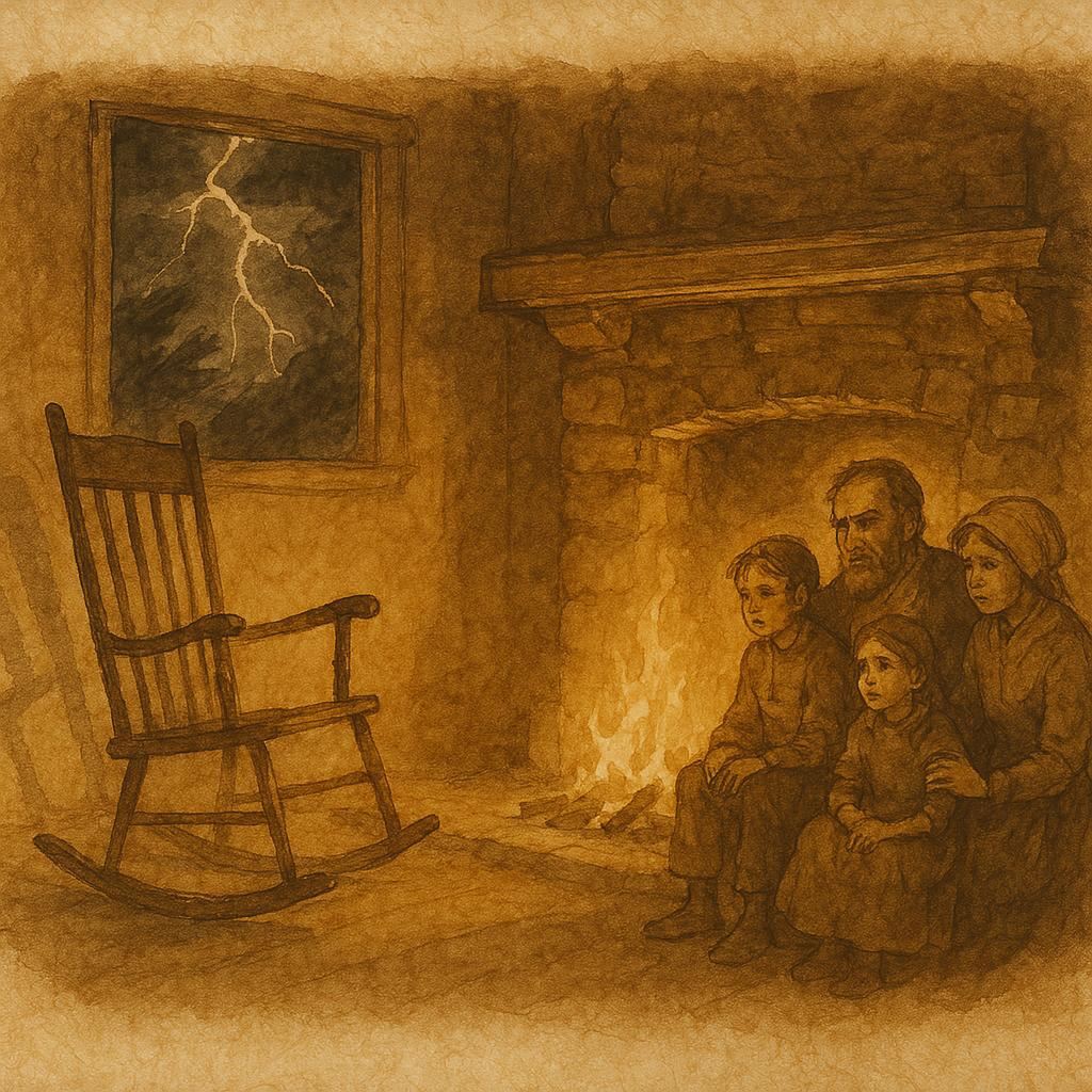 Parchment-style artwork of an empty rocking chair moving beside a fire, Midwestern American folktale.