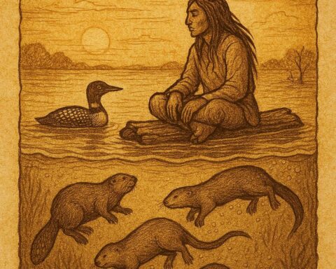 Parchment-style artwork of Nanabozho and animals during the Great Flood, Ojibwe Native American folktale.