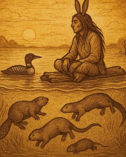 Parchment-style artwork of Nanabozho and animals during the Great Flood, Ojibwe Native American folktale.