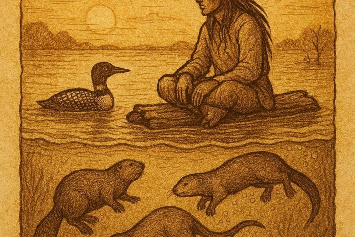 Parchment-style artwork of Nanabozho and animals during the Great Flood, Ojibwe Native American folktale.