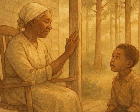 Parchment-style art of Aunt Liza rubbing her palm on a wooden doorpost, Southern American folktale scene.