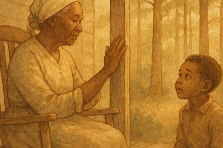 Parchment-style art of Aunt Liza rubbing her palm on a wooden doorpost, Southern American folktale scene.