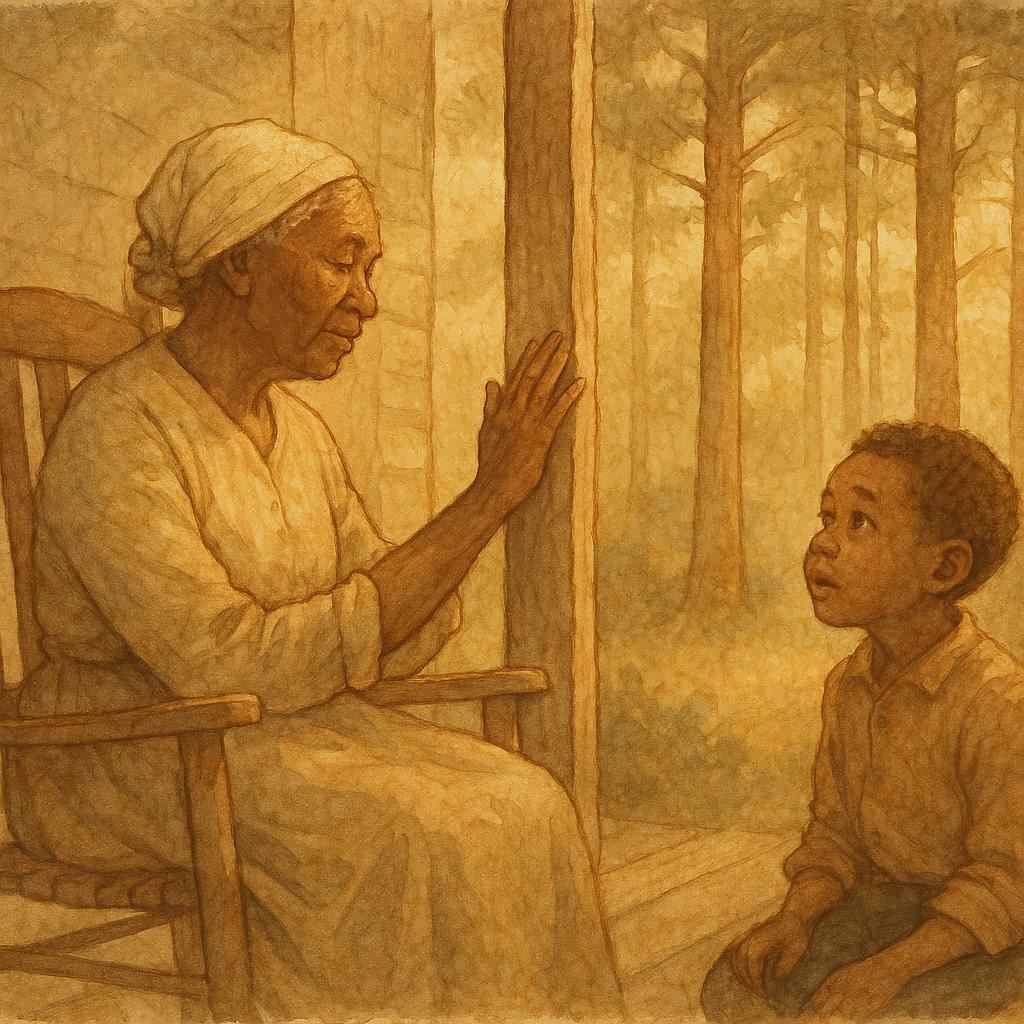 Parchment-style art of Aunt Liza rubbing her palm on a wooden doorpost, Southern American folktale scene.