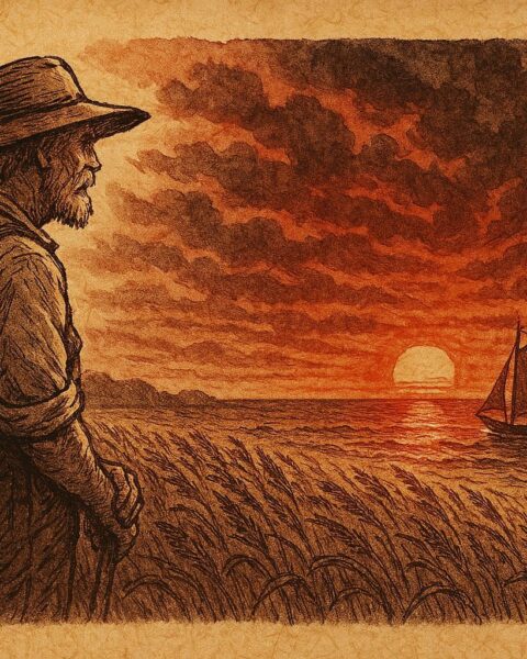 Parchment-style art of a New England farmer watching a red sunrise as his son sails out to sea.