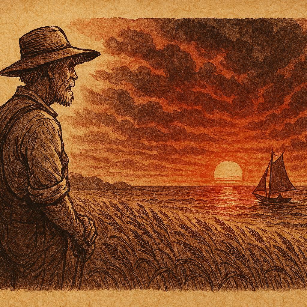Parchment-style art of a New England farmer watching a red sunrise as his son sails out to sea.