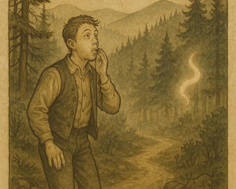 Parchment-style illustration of Tom McRae hearing a ghostly echo in the Appalachian woods, American folktale.