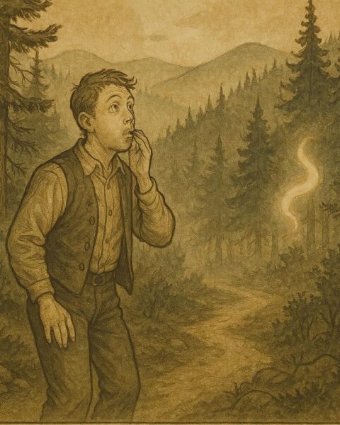 Parchment-style illustration of Tom McRae hearing a ghostly echo in the Appalachian woods, American folktale.
