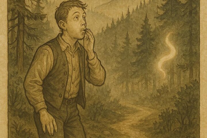 Parchment-style illustration of Tom McRae hearing a ghostly echo in the Appalachian woods, American folktale.