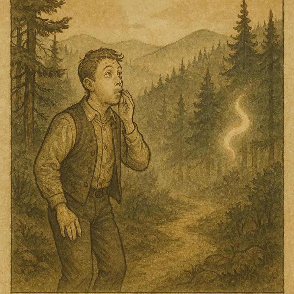 Parchment-style illustration of Tom McRae hearing a ghostly echo in the Appalachian woods, American folktale.