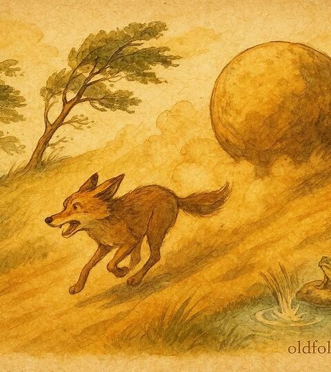 Parchment-style illustration of Coyote chased by a giant rock, Arapaho Native American folktale scene.