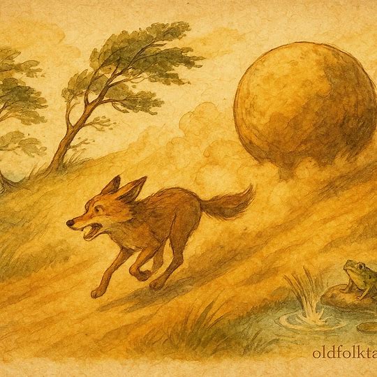 Parchment-style illustration of Coyote chased by a giant rock, Arapaho Native American folktale scene.
