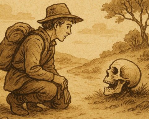 Parchment-style artwork of a traveler speaking to a skull on a dusty road, African-American folktale scene.
