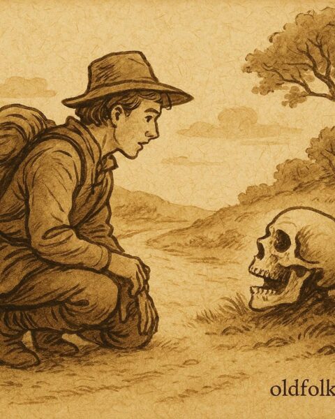 Parchment-style artwork of a traveler speaking to a skull on a dusty road, African-American folktale scene.