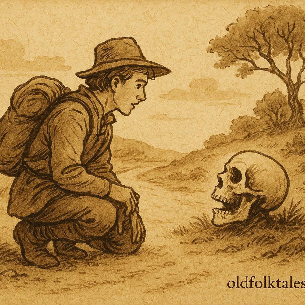Parchment-style artwork of a traveler speaking to a skull on a dusty road, African-American folktale scene.