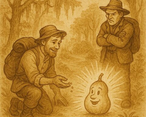 Parchment-style artwork of a kind man feeding a glowing talking gourd as his greedy friend watches, African-American Gullah folktale scene.