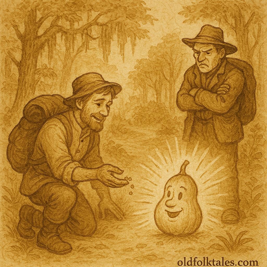 Parchment-style artwork of a kind man feeding a glowing talking gourd as his greedy friend watches, African-American Gullah folktale scene.