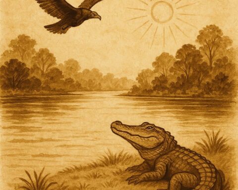 Parchment-style artwork of Alligator under blazing sun with Buzzard overhead, Gullah folktale from Georgia.