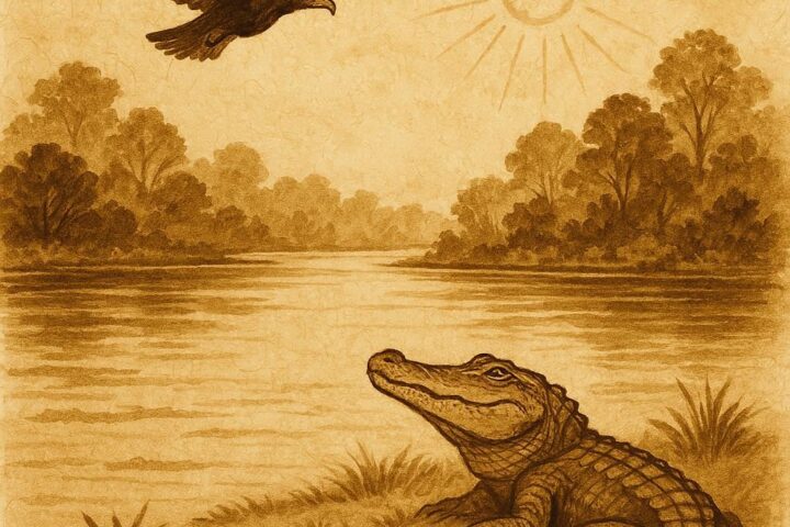 Parchment-style artwork of Alligator under blazing sun with Buzzard overhead, Gullah folktale from Georgia.