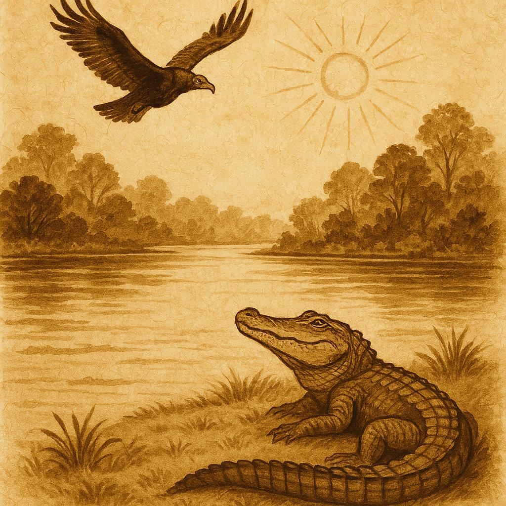 Parchment-style artwork of Alligator under blazing sun with Buzzard overhead, Gullah folktale from Georgia.