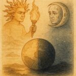 Parchment-style artwork of the Sun and Moon facing each other in the sky, Cherokee folktale scene.