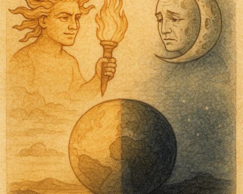Parchment-style artwork of the Sun and Moon facing each other in the sky, Cherokee folktale scene.