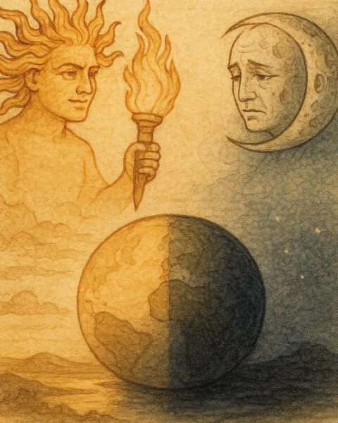 Parchment-style artwork of the Sun and Moon facing each other in the sky, Cherokee folktale scene.