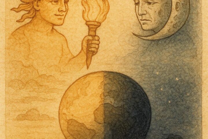 Parchment-style artwork of the Sun and Moon facing each other in the sky, Cherokee folktale scene.
